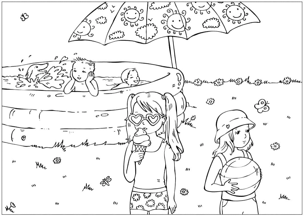 Kolorowanka odpoczywające dzieci w wakacje